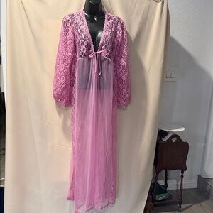 1950 Vintage Sheer Peignoir Lace Long Robe - Pink